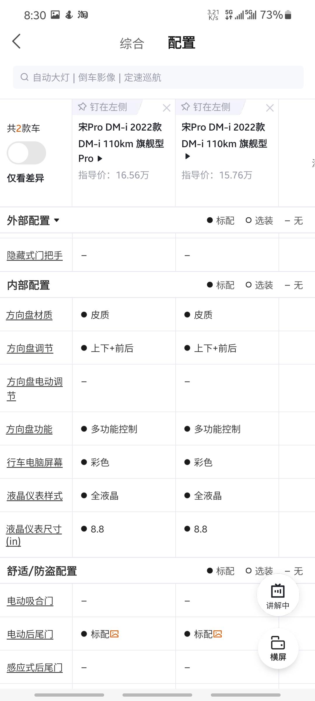 比亚迪宋Pro DM-i 有提110旗舰的吗，我看懂车帝怎么改了配置，，也是标配8.8的液晶仪表而且还带车道偏离车道保持