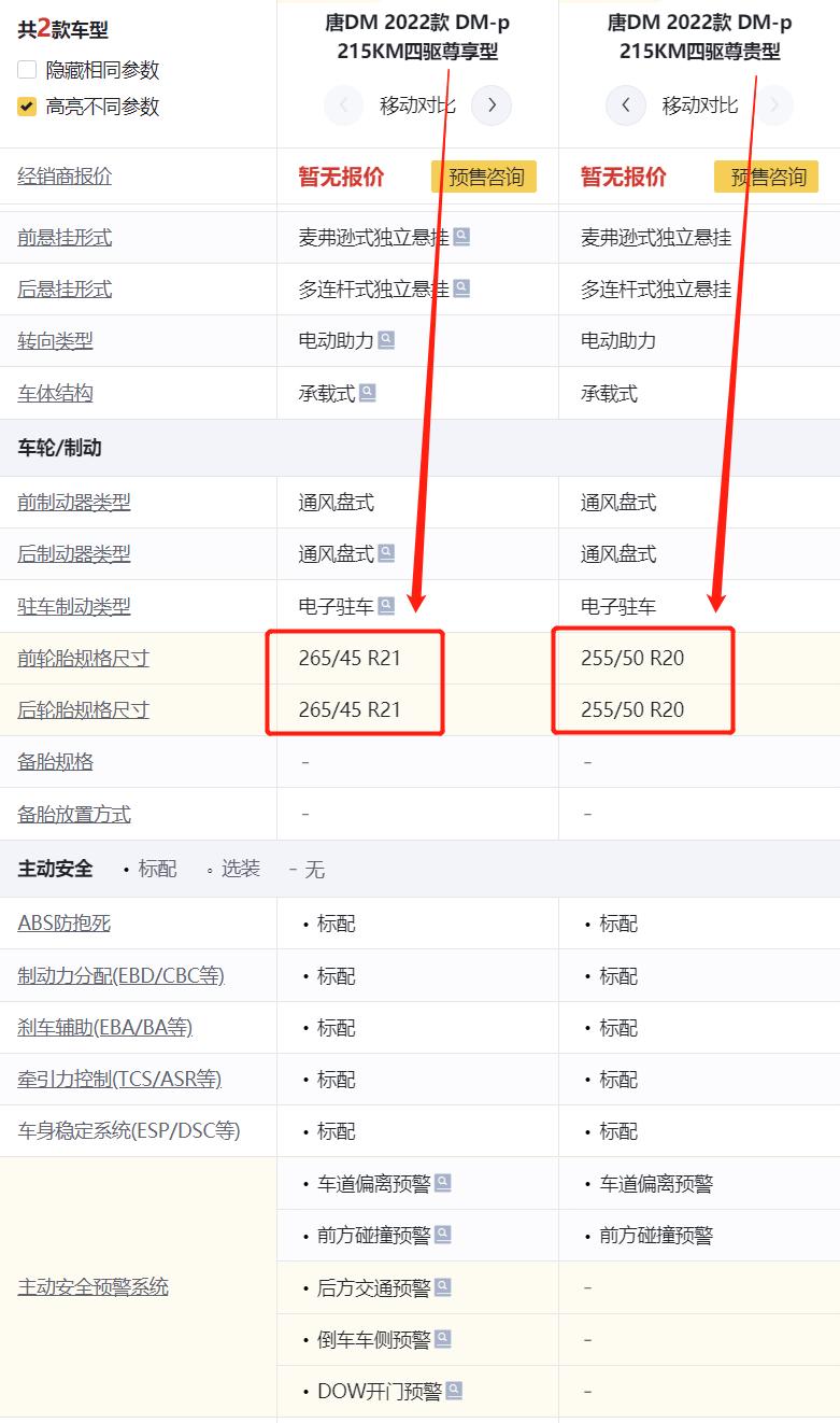 22款 唐DM 四驱的轮毂规格是 中配尊享 265/45 R21 和 低配尊贵 255/50R20265/45 的胎基本