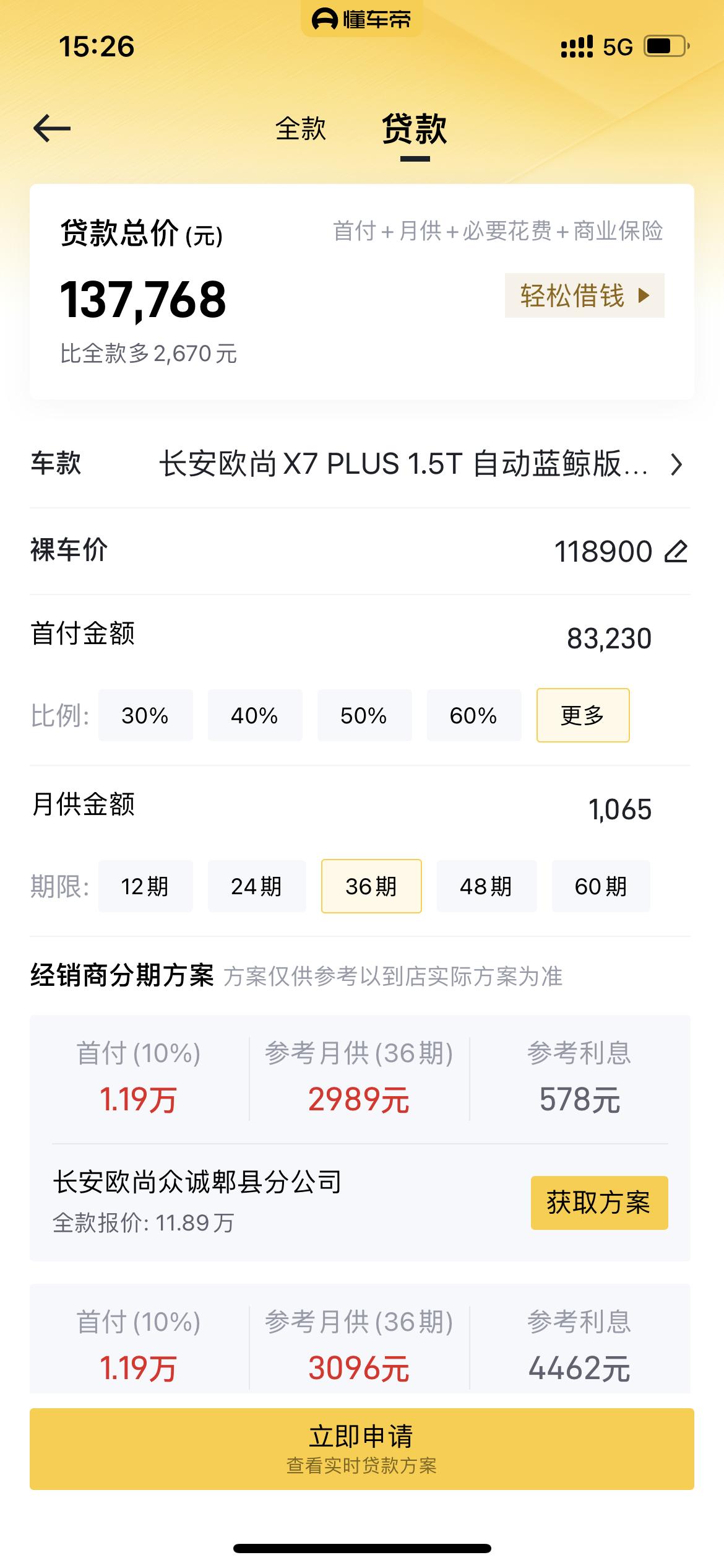 长安欧尚X7 PLUS 智尊版，参加他们的分期5万3年免息，在成都 12万五六能落地不？有没有近期买过的？