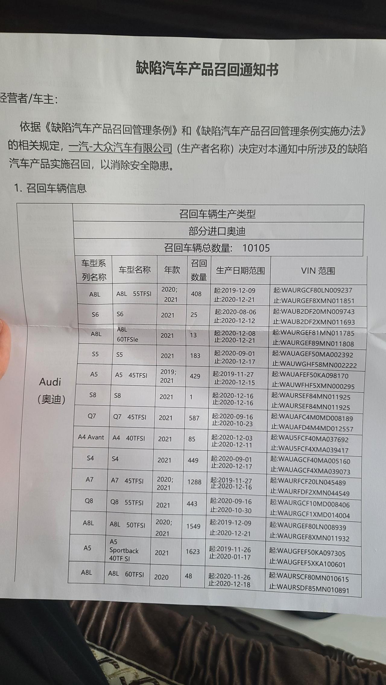 奥迪A5 大家收到召回通知了吗 怎么处理的啊