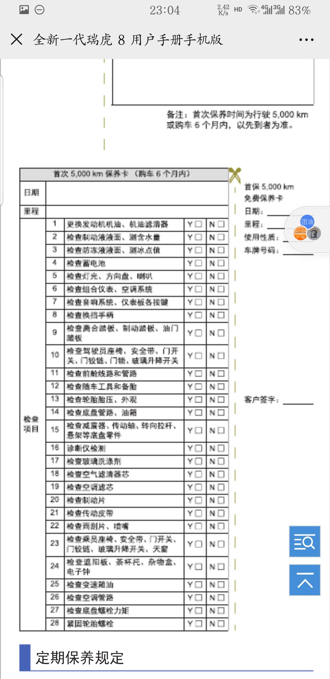 奇瑞瑞虎8 各位车友，虎八首保有哪些项目。我的只做了更换机油和机滤，加了玻璃水。没有检查空调滤芯和对换轮胎。4s的保养清