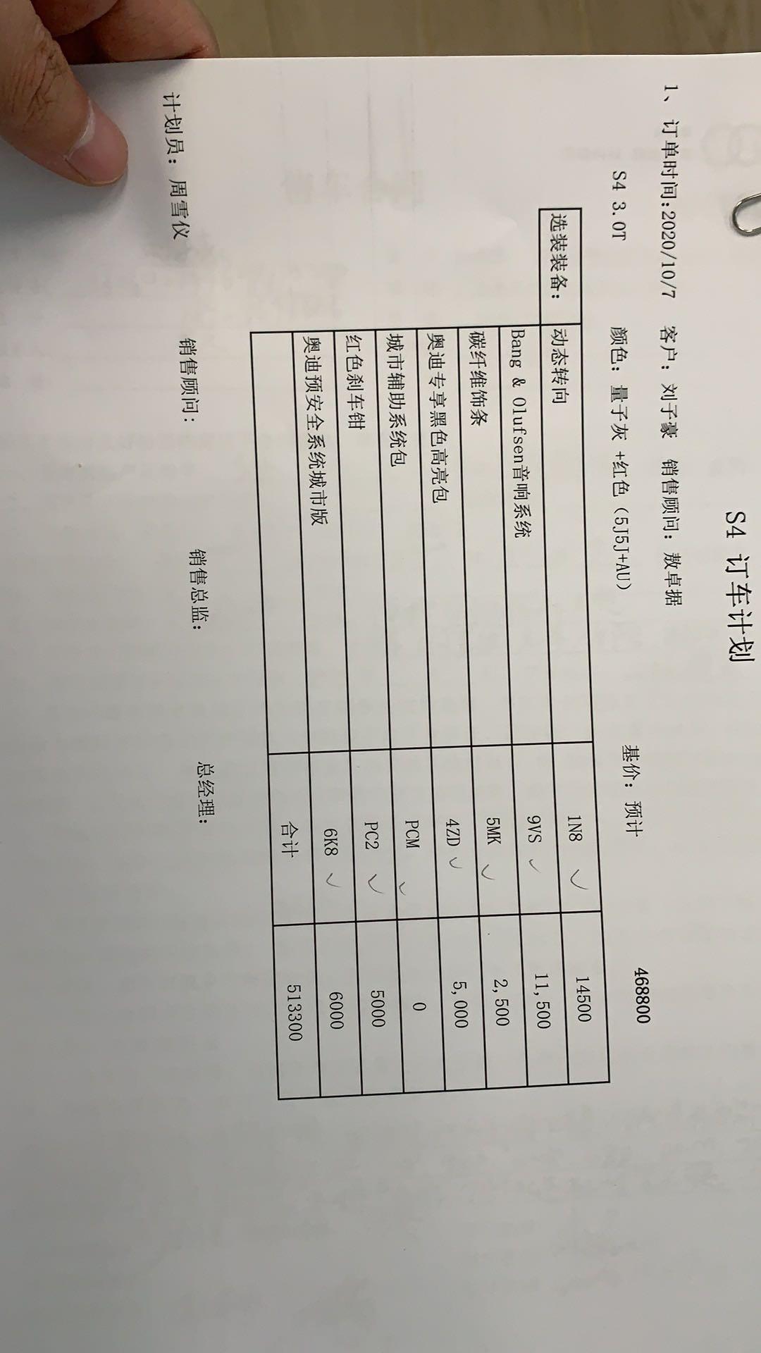 奥迪S4 新老车主求帮助，由于订车的时候4s没有新款的配置单，用的是19款的配置单进行选装的，所以还是有些差异，而且感觉