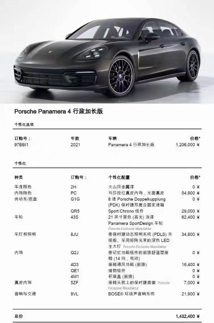 保时捷Panamera 请教下 这个配置单可以多少收？？？各位大神请指教